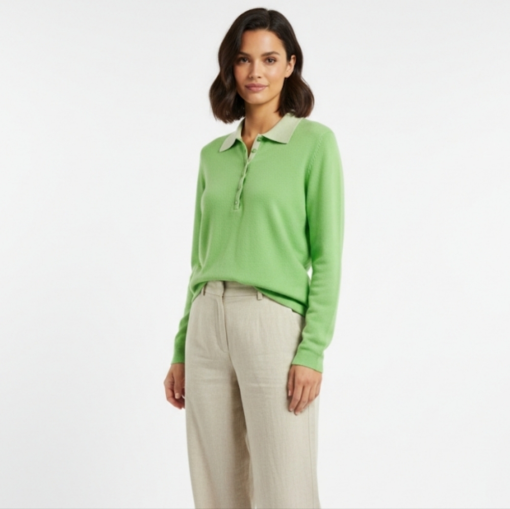 Jones New York Signature 100% Cashmere Lime Green Polo Sweater Large